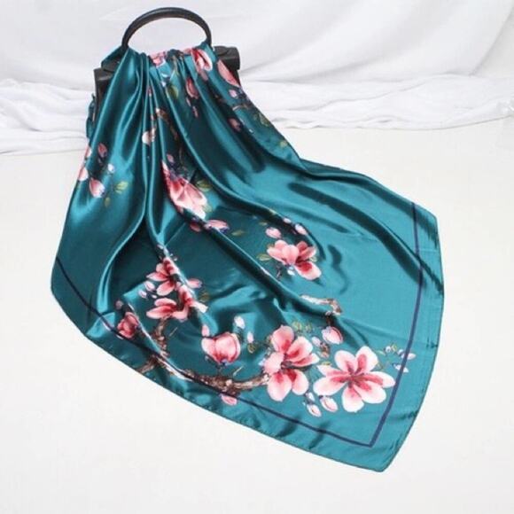2/$24 NEW Teal Blue Aqua Floral Pink Flower Printed Silky Fashion Scarf - Picture 1 of 11